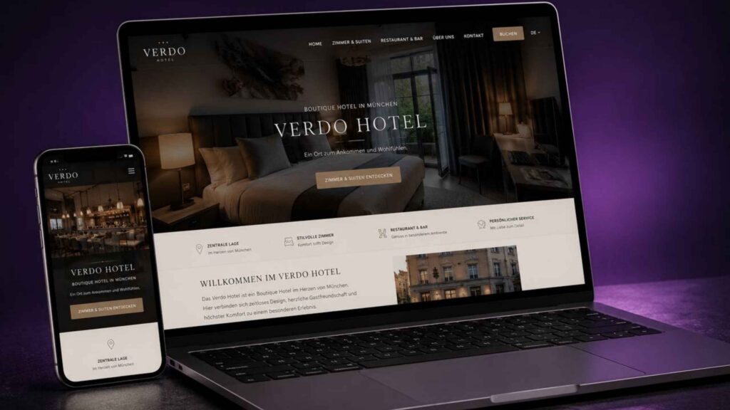 Verdo Hotel responsive website design displayed on desktop and mobile devices